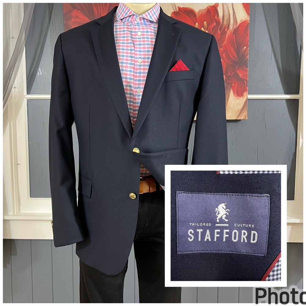 Stafford‎ Blazer Mens 48L Long Wool Golden Buttons Navy Suit Jacket Sport Coat